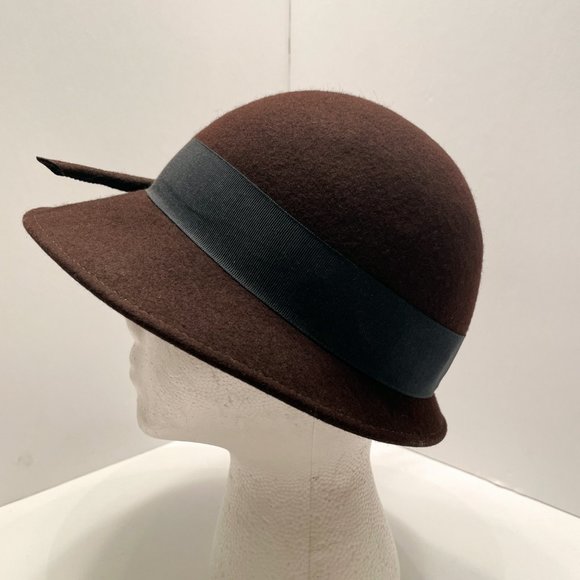 Vintage Frank Olive for Lord & Taylor Brown 100% Wool Cloche Hat with Feather - Picture 5 of 13